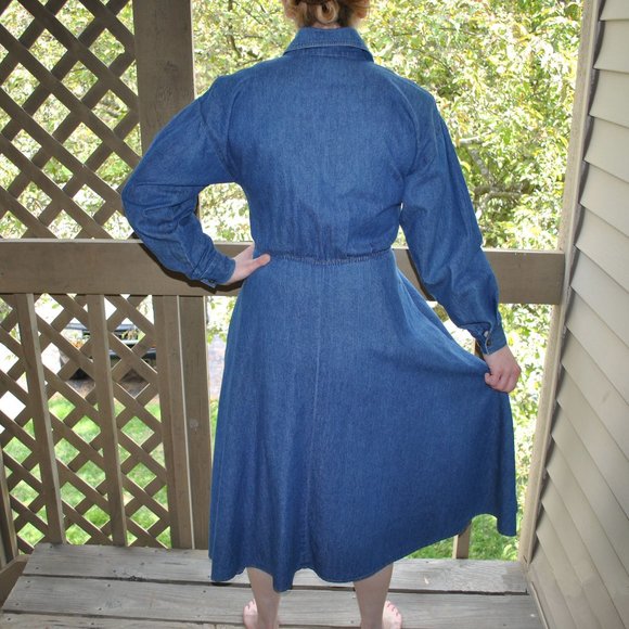 Vintage 90s Denim Long Sleeve Midi Dress Size 9/10 - Picture 2 of 10